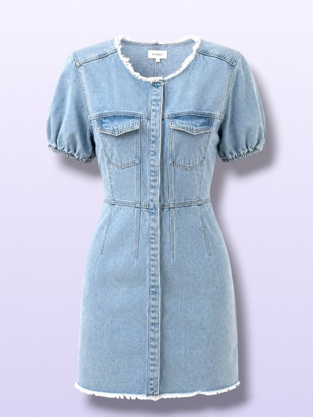 Bohme Denim Puff Sleeve Button Front Fringe Mini Shirt Dress S